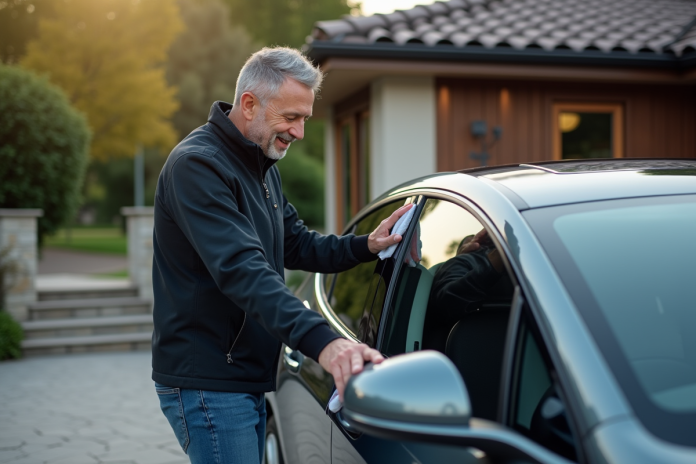 Homme nettoie le miroir d'une voiture électrique dans une résidence