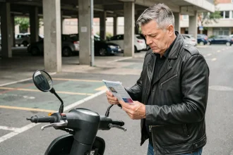 Homme de 45 ans examinant son permis B à côté d'un scooter 125cc dans un parking urbain, illustrant les conditions du permis 125 avec permis B obtenu avant 1998