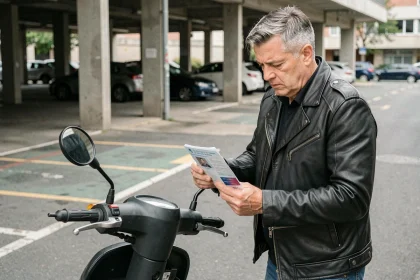 Homme de 45 ans examinant son permis B à côté d'un scooter 125cc dans un parking urbain, illustrant les conditions du permis 125 avec permis B obtenu avant 1998