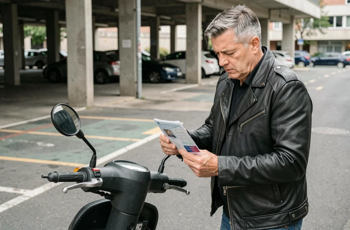 Homme de 45 ans examinant son permis B à côté d'un scooter 125cc dans un parking urbain, illustrant les conditions du permis 125 avec permis B obtenu avant 1998