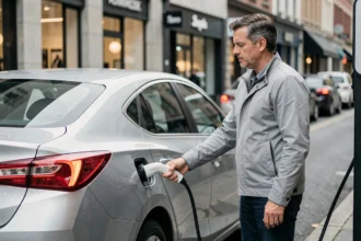 Homme branchant le câble de recharge d'une voiture hybride rechargeable dans une station de charge urbaine