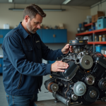 Homme en atelier examinant un moteur de voiture