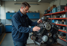 Comment choisir le moteur d’occasion parfait pour votre Volkswagen Homme en atelier examinant un moteur de voiture