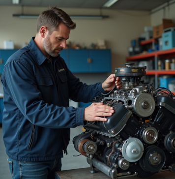 Homme en atelier examinant un moteur de voiture
