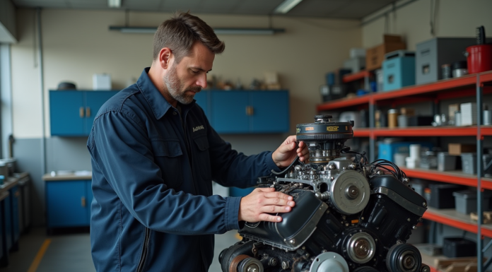 Homme en atelier examinant un moteur de voiture