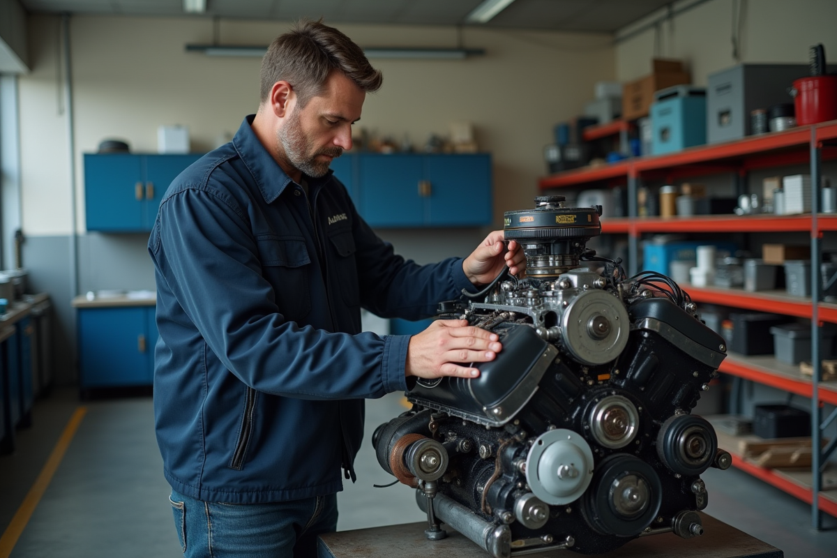 Homme en atelier examinant un moteur de voiture