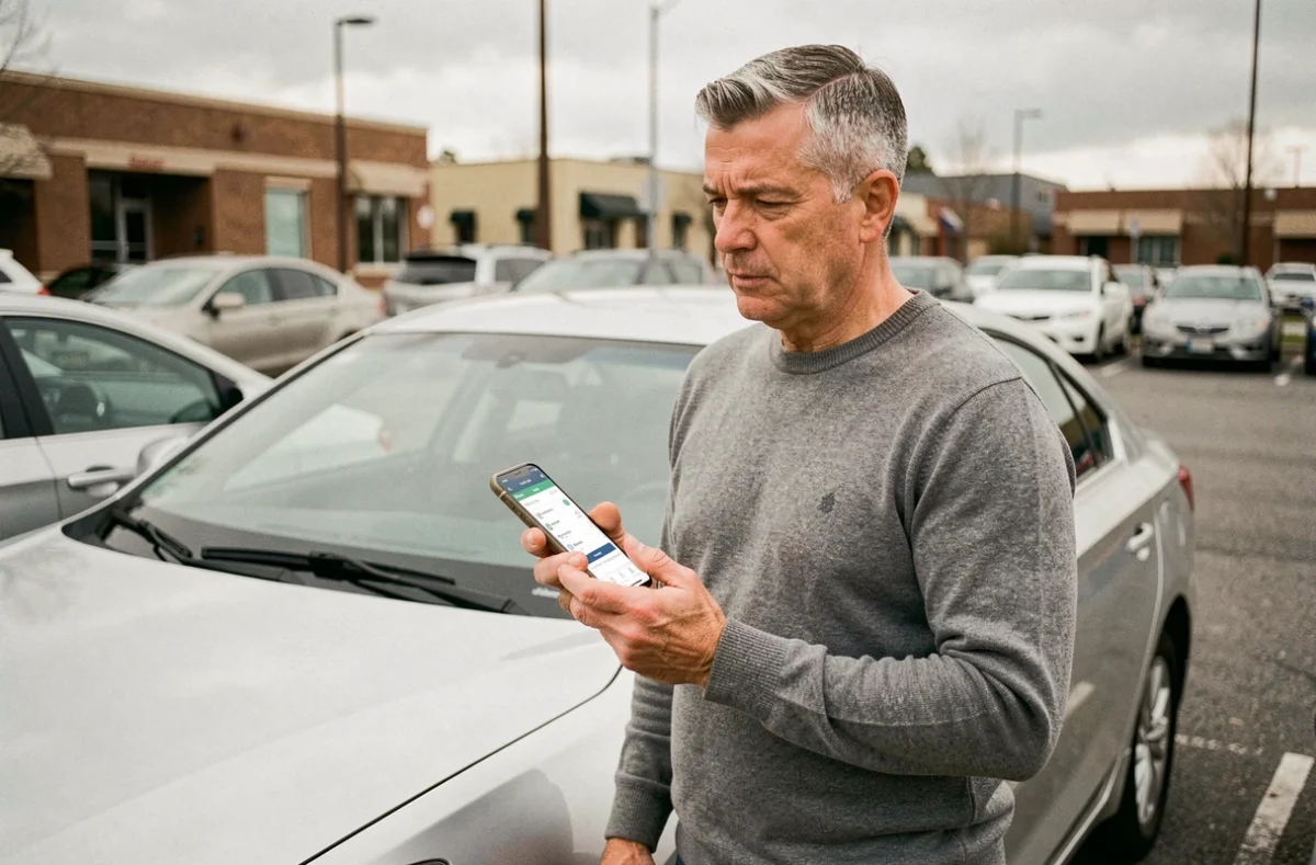 Homme vérifiant son assurance auto sur smartphone près de sa voiture pour une résiliation en ligne