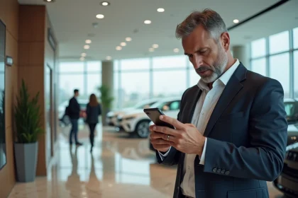 Homme d'âge moyen examine un salon de voitures de luxe