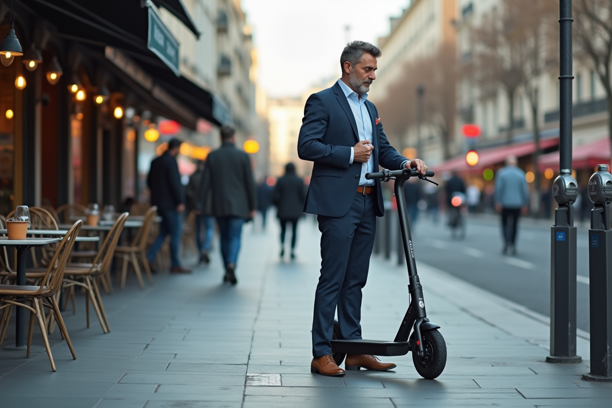 Homme d affaires verrouillant son scooter en ville