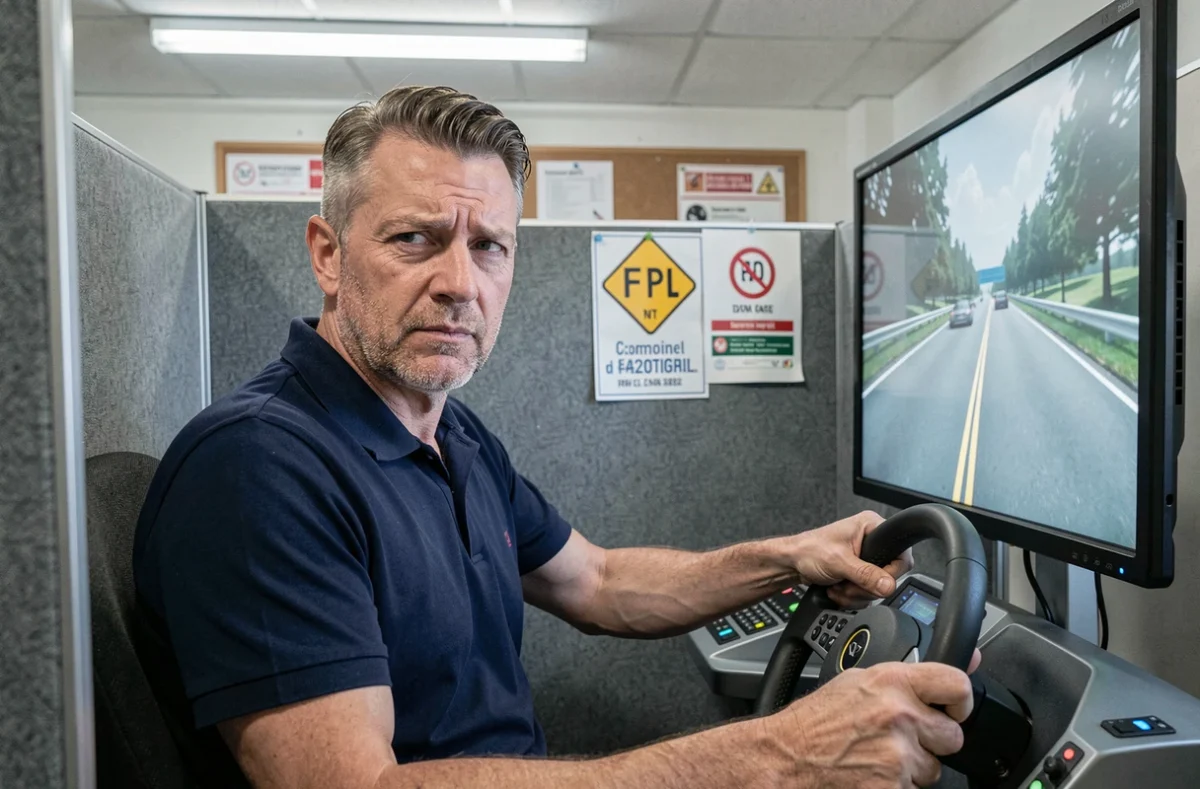 Homme d'âge mûr passant un test de code de la route sur simulateur dans une auto-école, expression concentrée et hésitante