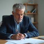 Document officiel remplaçant la carte grise : options et procédure en France Homme d'âge moyen remplissant des papiers officiels dans un bureau