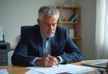 Document officiel remplaçant la carte grise : options et procédure en France Homme d'âge moyen remplissant des papiers officiels dans un bureau