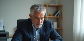 Document officiel remplaçant la carte grise : options et procédure en France Homme d'âge moyen remplissant des papiers officiels dans un bureau