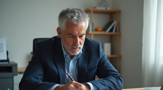 Document officiel remplaçant la carte grise : options et procédure en France Homme d'âge moyen remplissant des papiers officiels dans un bureau