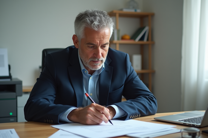 Homme d'âge moyen remplissant des papiers officiels dans un bureau