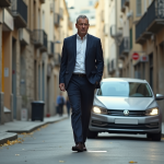 Stationnement très gênant sur trottoir : définition et conséquences légales à éviter Homme d'affaires frustré face à une voiture garée sur le trottoir