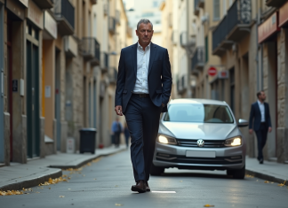 Stationnement très gênant sur trottoir : définition et conséquences légales à éviter Homme d'affaires frustré face à une voiture garée sur le trottoir