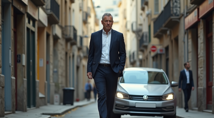 Stationnement très gênant sur trottoir : définition et conséquences légales à éviter Homme d'affaires frustré face à une voiture garée sur le trottoir