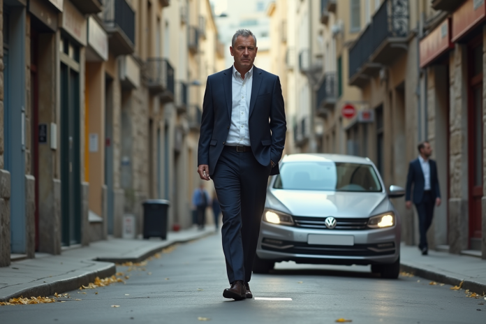 Homme d'affaires frustré face à une voiture garée sur le trottoir