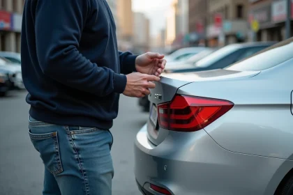 Homme vérifiant l'emblème d'une voiture en ville