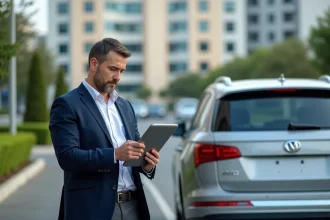 Homme d'affaires vérifiant un rapport voiture à l'extérieur