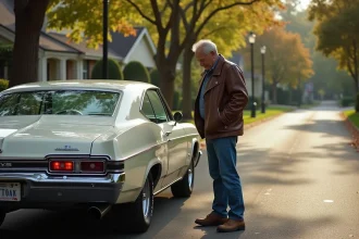 Homme d'âge moyen près d'une Chevy Impala 1967