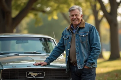Homme d'âge moyen près d'une Mustang vintage souriant fièrement