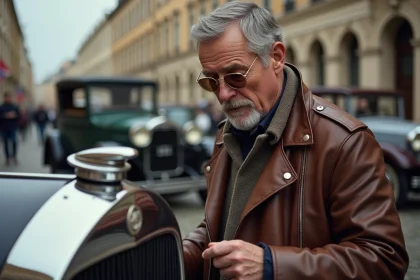 Homme vintage examinant un ornemente de voiture ancienne