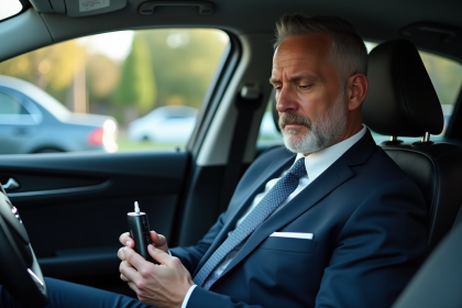 Homme d'âge moyen dans une voiture moderne avec un alcootest