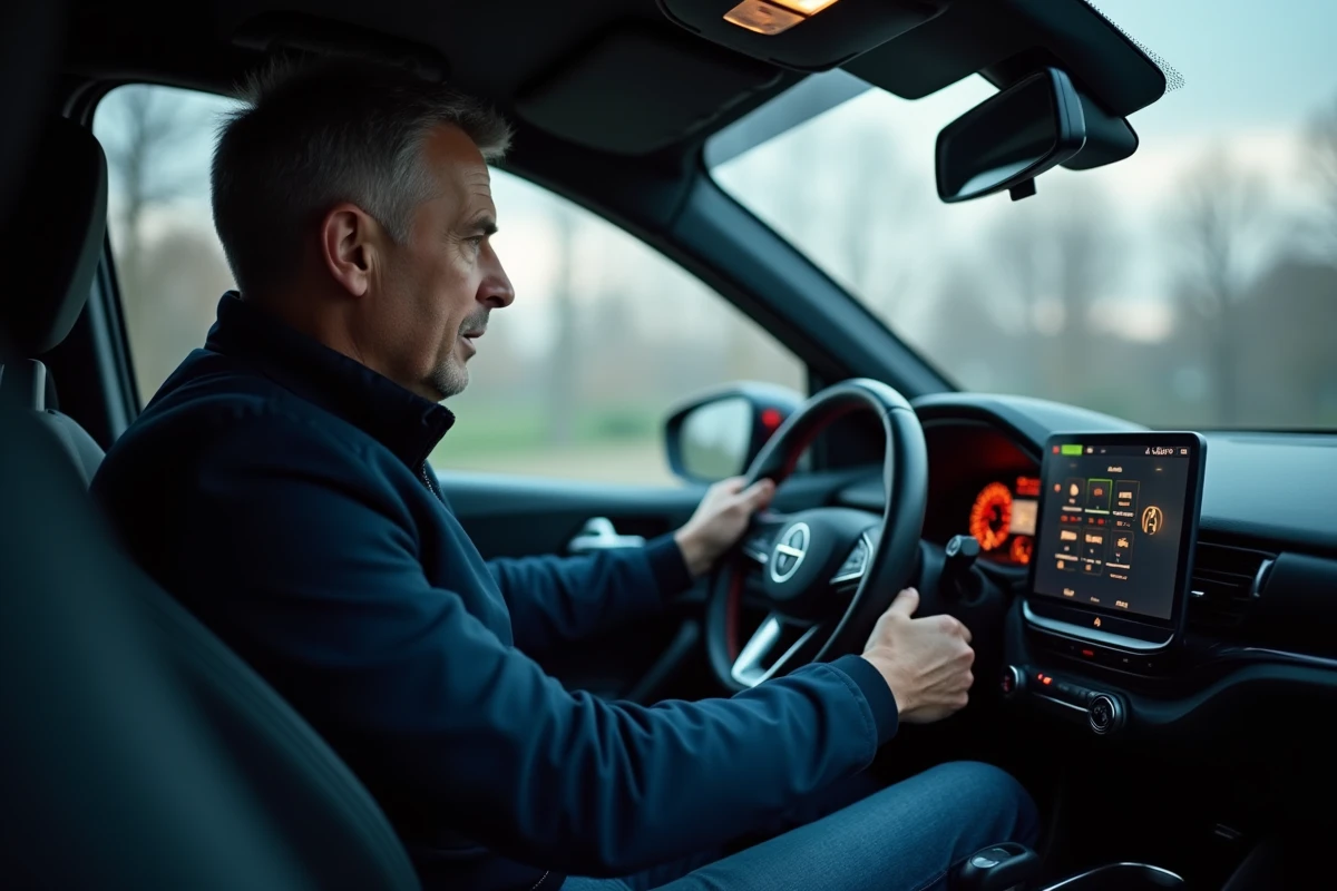 Homme dans sa voiture examine le tableau de bord