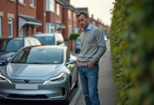 Défauts des Tesla : quels sont-ils ? Voiture électrique et performances Homme regardant une voiture électrique avec le capot ouvert dans la rue