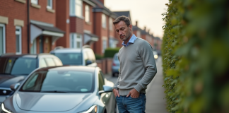 Défauts des Tesla : quels sont-ils ? Voiture électrique et performances Homme regardant une voiture électrique avec le capot ouvert dans la rue
