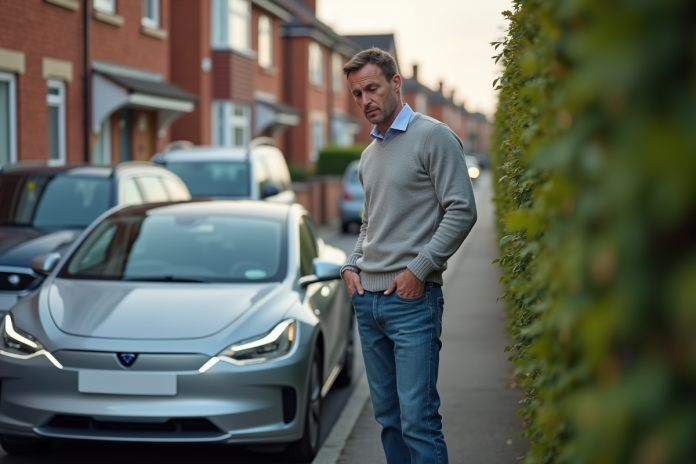 homme-voiture-electrique-residentiel Homme regardant une voiture électrique avec le capot ouvert dans la rue