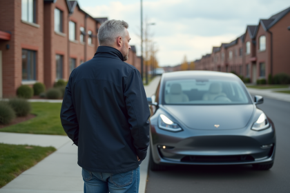 Homme pensif à côté d'une voiture électrique dans la banlieue