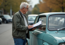 Prix cheval fiscal voiture plus de 10 ans : tarif et calcul en 2025 Homme d'environ 60 ans avec voiture en parking urbain