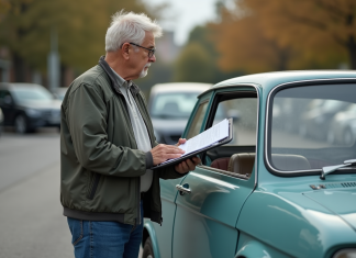 Prix cheval fiscal voiture plus de 10 ans : tarif et calcul en 2025 Homme d'environ 60 ans avec voiture en parking urbain