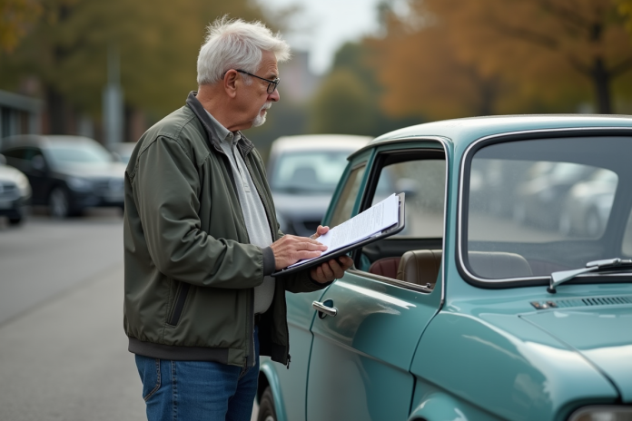 homme-voiture-parkings Homme d'environ 60 ans avec voiture en parking urbain