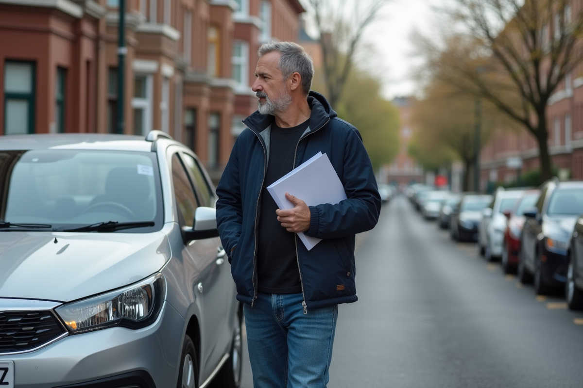 Homme d'âge moyen près d'une voiture en ville