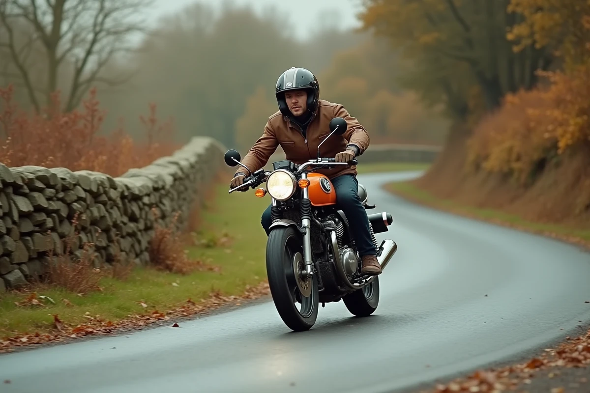 Honda CB750 en mouvement sur une route rurale sinueuse en automne, pilote en veste cuir vintage négociant un virage dans un paysage de campagne