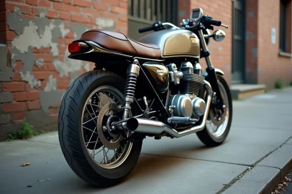 Honda CB750 classique garée sur un trottoir urbain, vue trois quarts avant mettant en valeur le moteur quatre cylindres et le cadre iconique