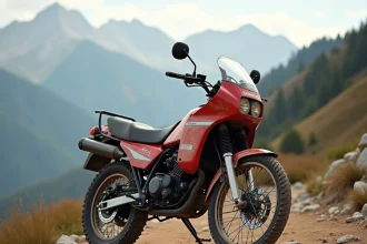 Honda XLV750R rouge et blanc garée sur un chemin de montagne rocheux, vue trois quarts avant