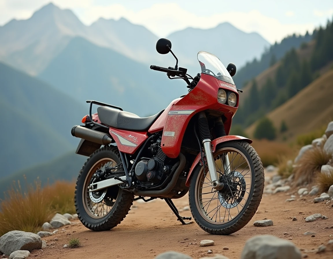 Honda XLV750R rouge et blanc garée sur un chemin de montagne rocheux, vue trois quarts avant