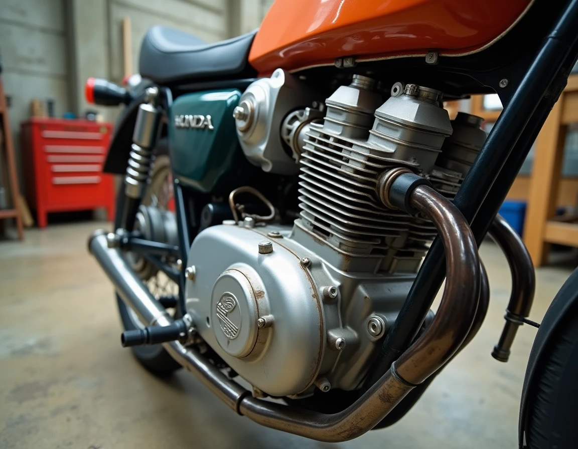 Détail du moteur V-twin de la Honda XLV750R, textures mécaniques et finition aluminium vintage