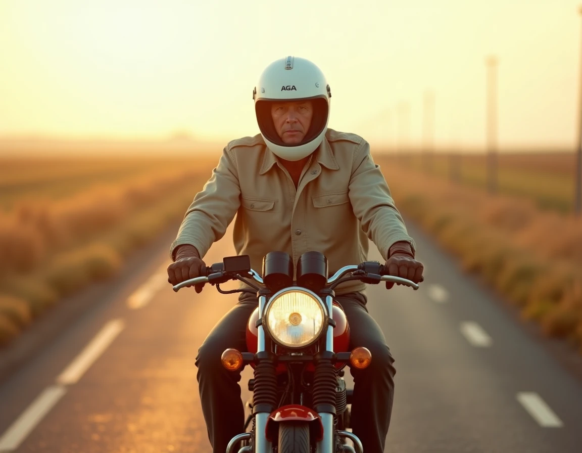 Motard en tenue rétro des années 80 sur une Honda XLV750R sur route droite traversant la campagne