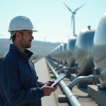 Ingénieur inspectant grands réservoirs d'hydrogène en extérieur