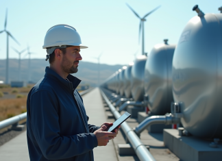 Ingénieur inspectant grands réservoirs d'hydrogène en extérieur