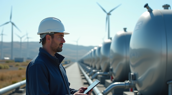 Ingénieur inspectant grands réservoirs d'hydrogène en extérieur