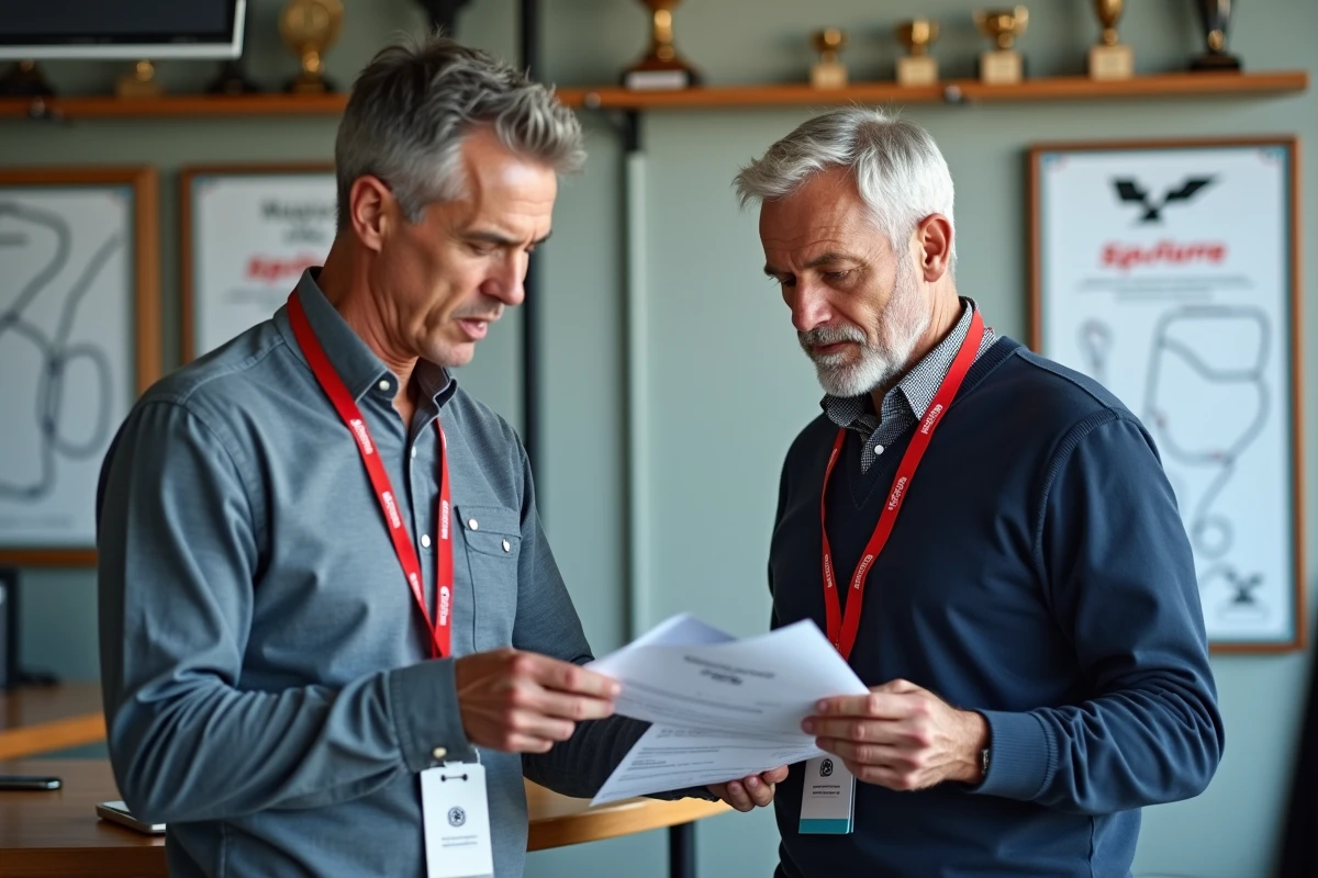 Deux participants &agrave; un stage de pilotage comparant les tarifs &agrave; l'accueil d'un circuit automobile