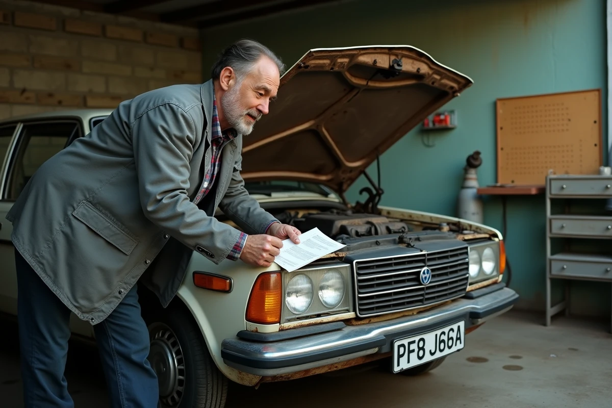 Mécanicien inspectant une ancienne voiture européenne dans un garage rural avec une liste de contrôle