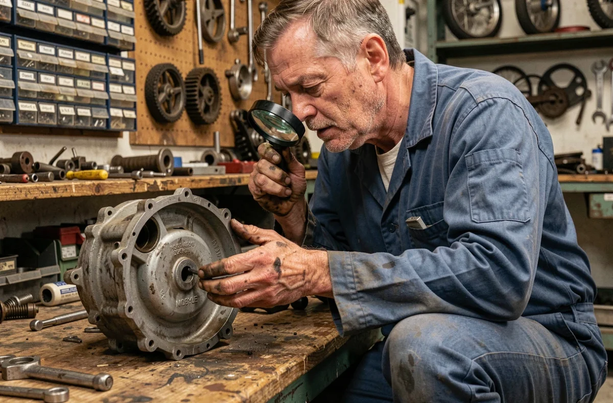 Mécanicien inspectant le marquage moteur d'une Mobylette avec une loupe dans un atelier